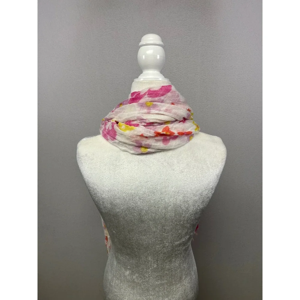 Cottagecore Airy Women OS White‎ Pink Floral Gauze Fringe Scarf Wrap